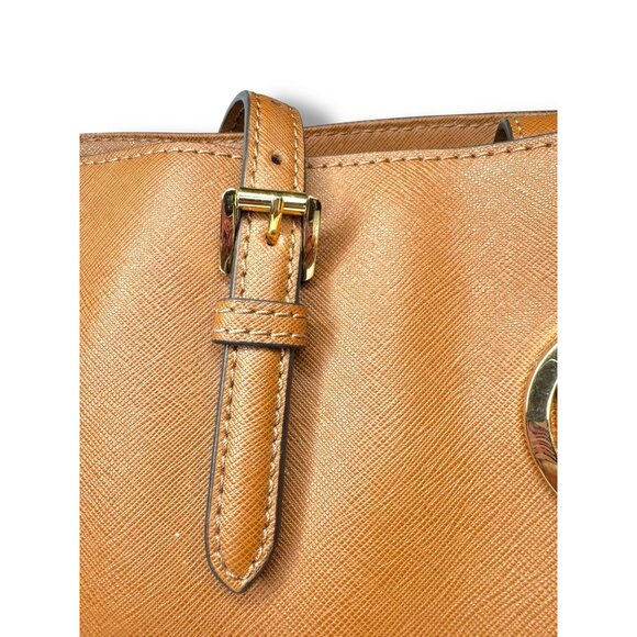 Michael Kors Jet Set Tote Brown Saffiano Leather Adjustable Straps Gold Tone Har - Picture 4 of 9